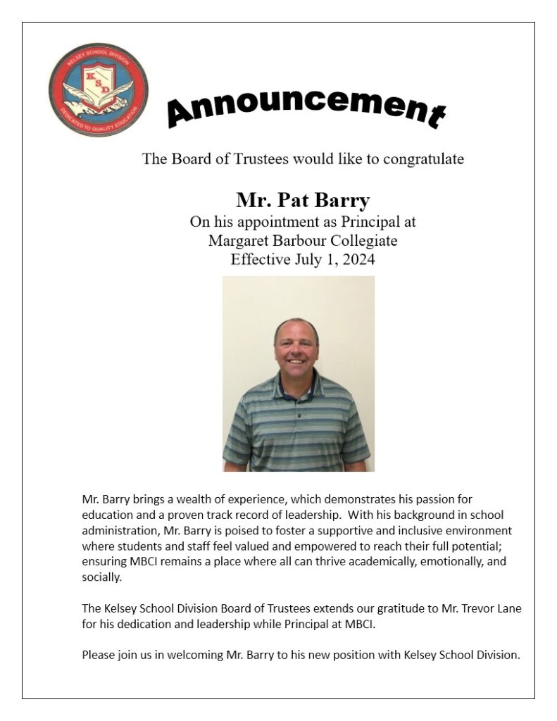Appointment of MBCI Principal, Mr. Pat Barry
