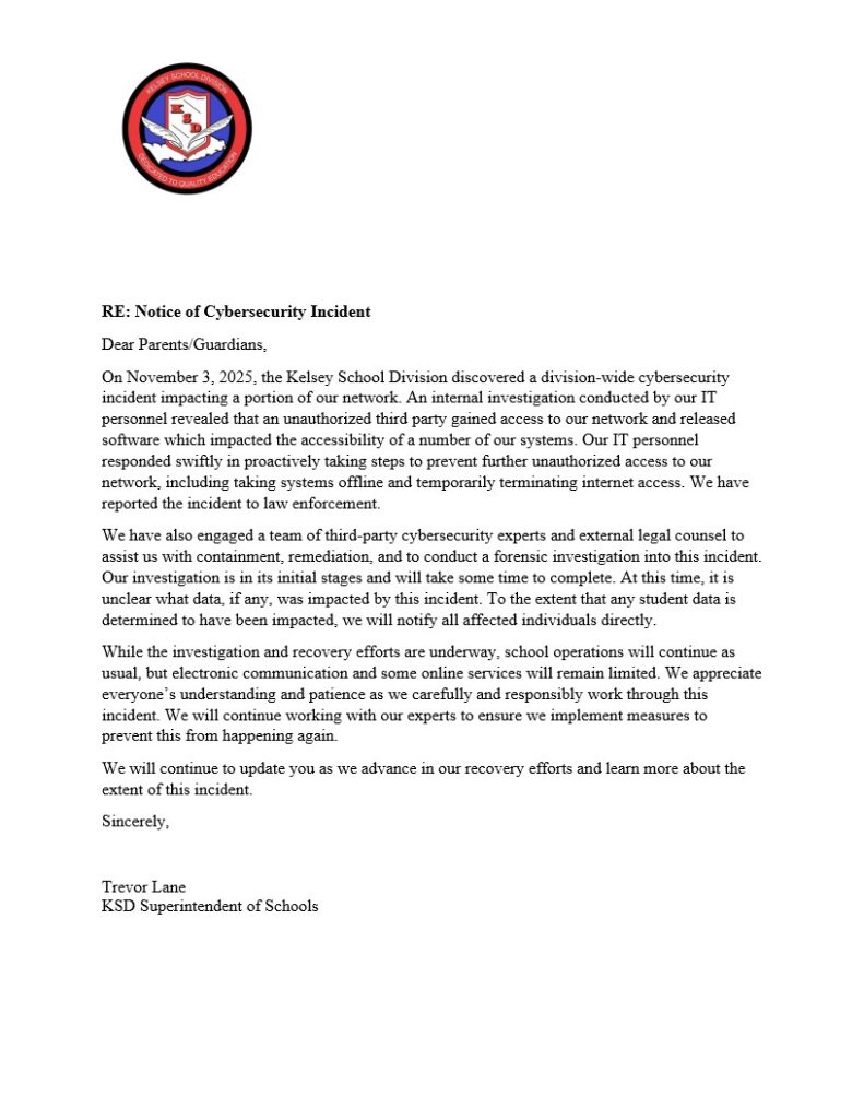 letter of communication to parents regarding cybersecurity incident 